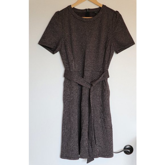 Black, Gray, and Plum Houndstooth Short Sleeve Fit and Flare Dress with Belt - Picture 1 of 11